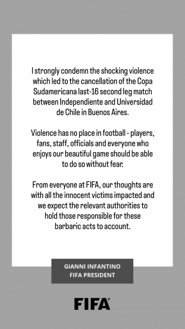 因凡蒂诺社媒：强烈谴责南美杯暴力行为，希望当局追究施暴者责任
